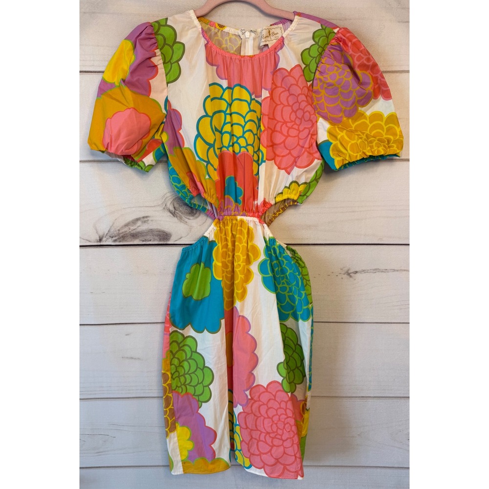 Flora Bea NYC Floral Cutout Mini Dress Multi Color Puff Sleeve Size S Cotton